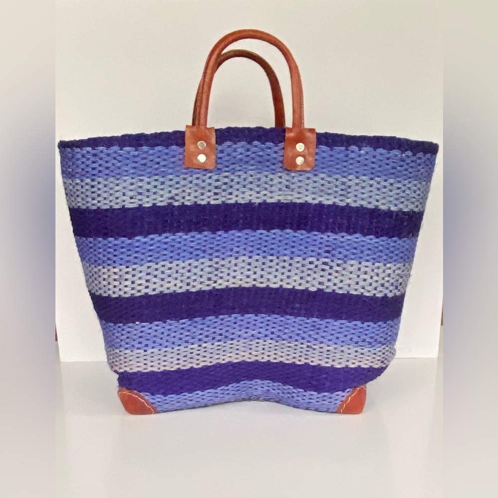 LOVESTITCH Woven Multi-Striped Tote Basket Bag, with Hand-cut Leather Handles - Picture 2 of 12